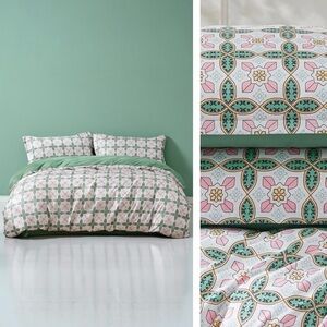 NEW Anthro Green Pink Paisley Retro Pattern Queen King Bedding Duvet & Sham Set